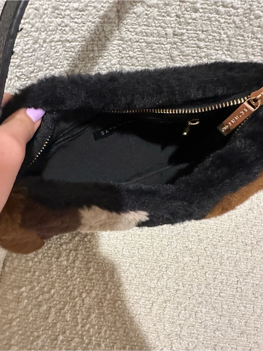 Faux Fur Striped Shoulder Bag in Black and Brown